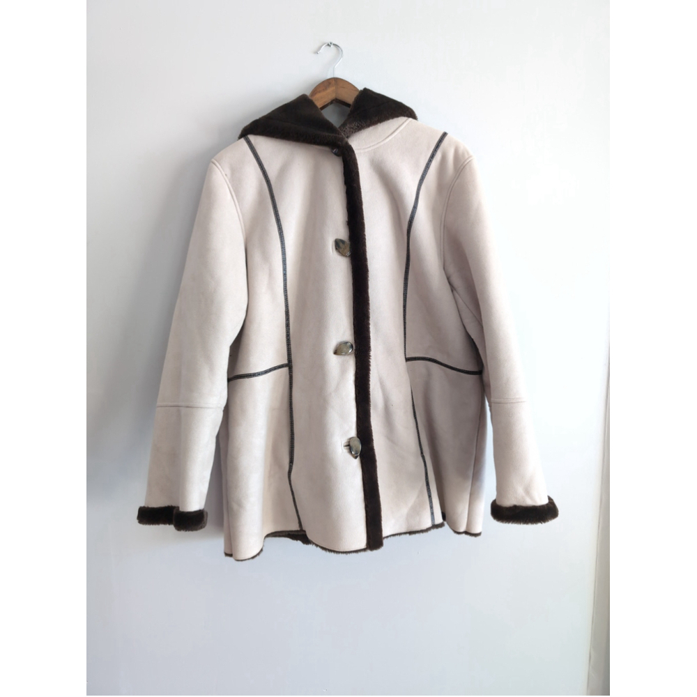 Pennington Pany Lane Sued Hooded Mid Length Coat Cream Faux Teddy Furr Lining XL